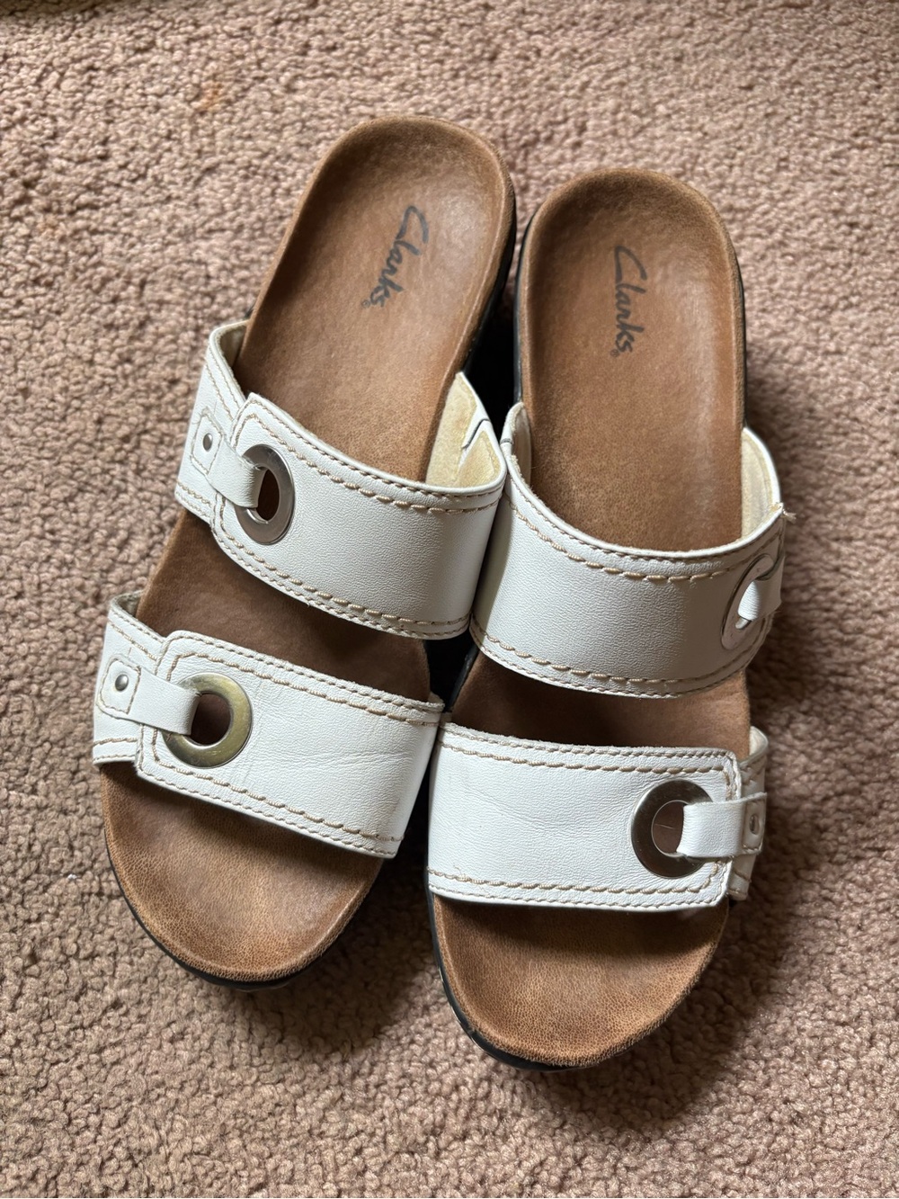 Clarks White Double-Strap Slide Sandals with Metal Eyelets